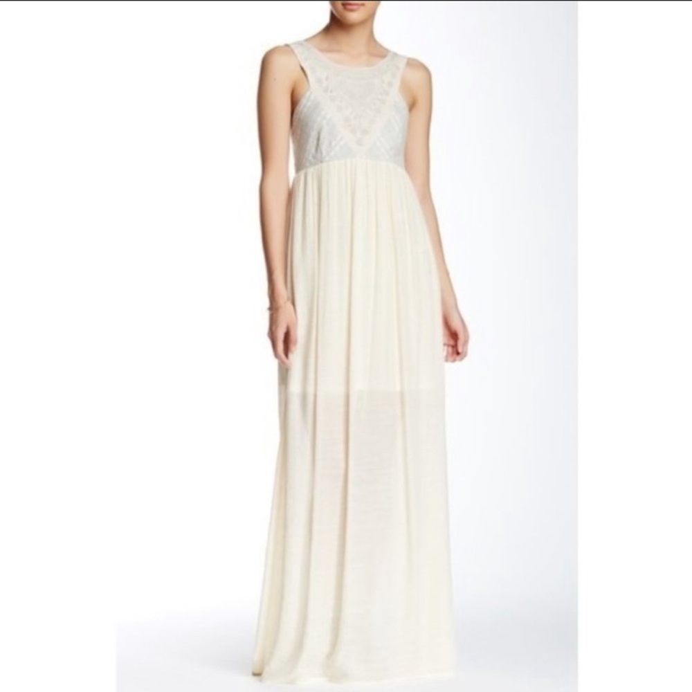 FLYING TOMATO cream& silver embroidered maxi goddess dress NWOT